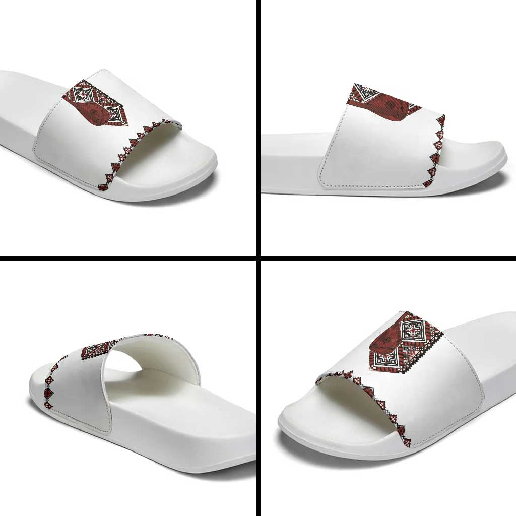 Ukraine Bandura Vyshyvanka Pattern Slide Sandals Ukrainian Heritage Folk White Version - Wonder Print Shop