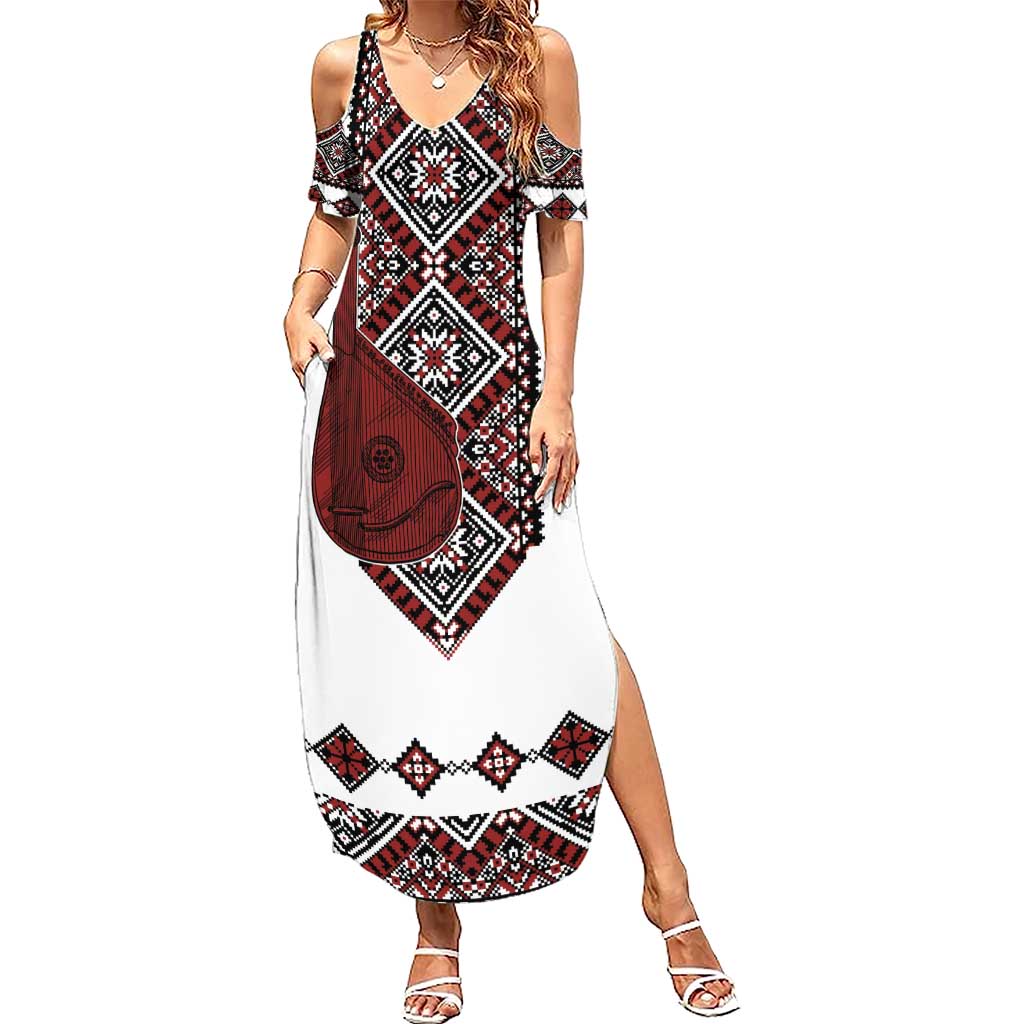 Ukraine Bandura Vyshyvanka Pattern Summer Maxi Dress Ukrainian Heritage Folk White Version - Wonder Print Shop