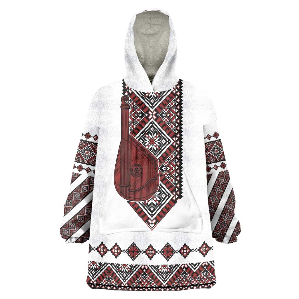 Ukraine Bandura Vyshyvanka Pattern Wearable Blanket Hoodie Ukrainian Heritage Folk White Version - Wonder Print Shop