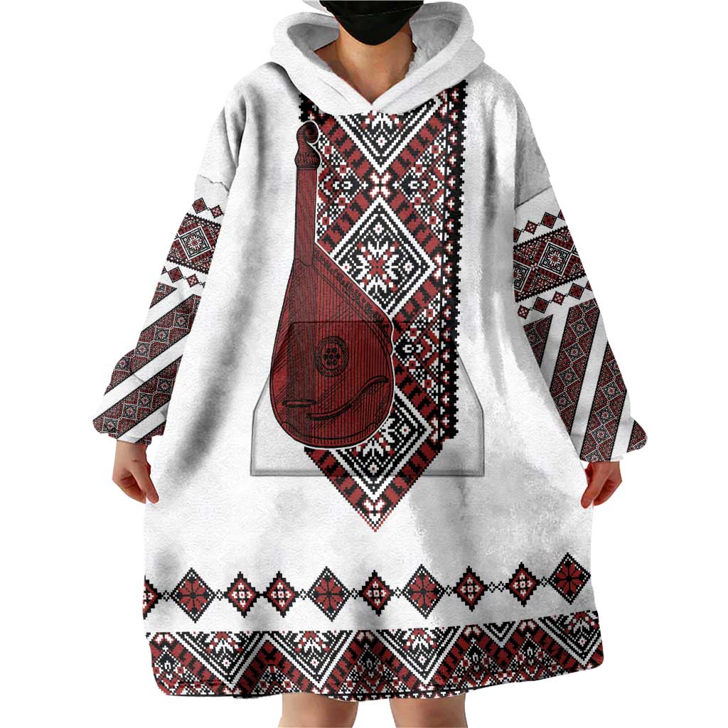 Ukraine Bandura Vyshyvanka Pattern Wearable Blanket Hoodie Ukrainian Heritage Folk White Version - Wonder Print Shop