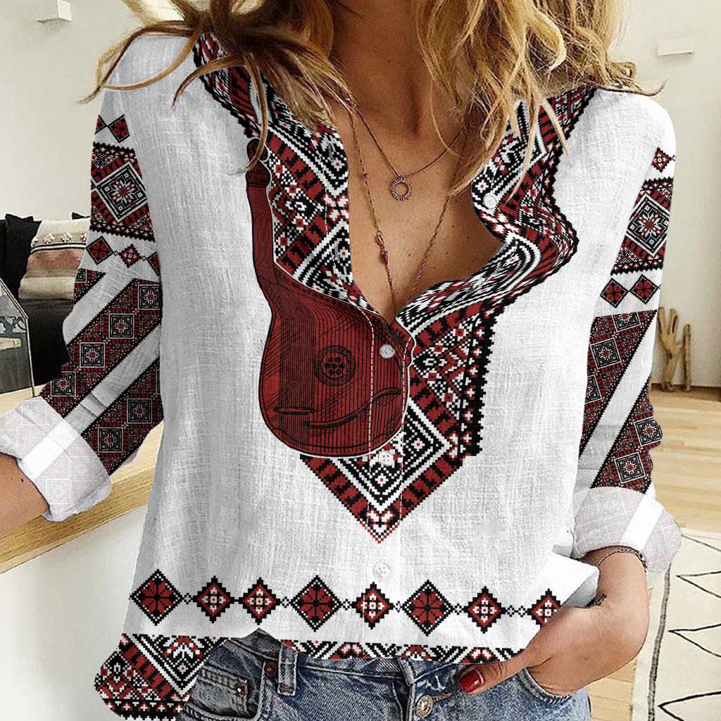 Ukraine Bandura Vyshyvanka Pattern Women Casual Shirt Ukrainian Heritage Folk White Version - Wonder Print Shop