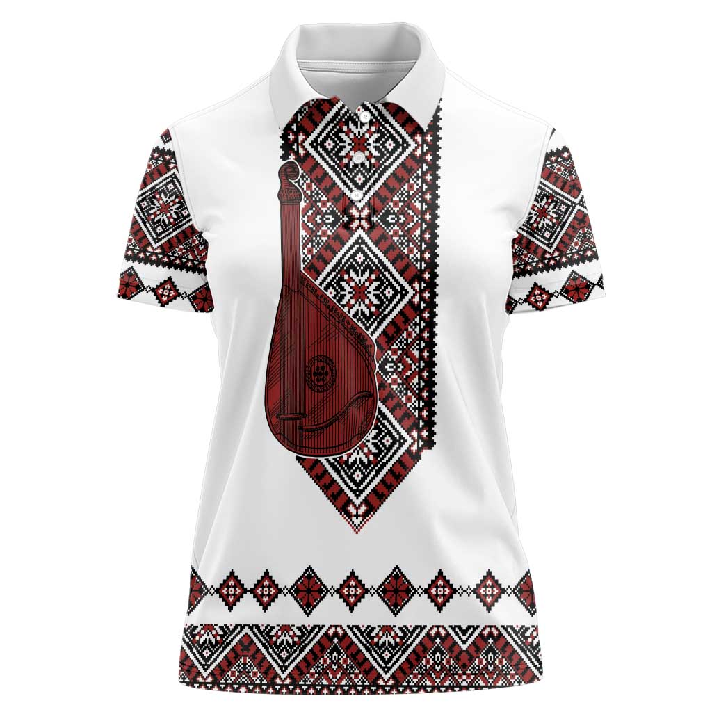 Ukraine Bandura Vyshyvanka Pattern Women Polo Shirt Ukrainian Heritage Folk White Version - Wonder Print Shop
