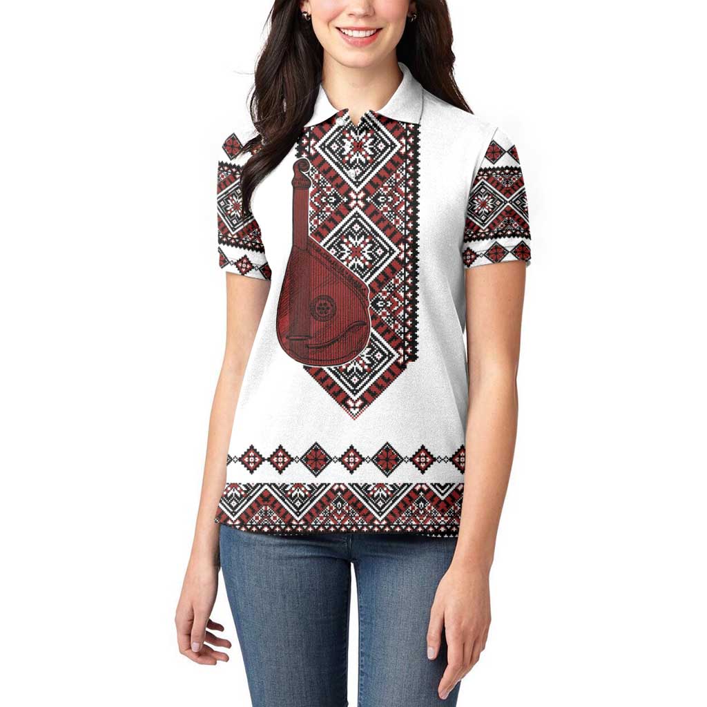 Ukraine Bandura Vyshyvanka Pattern Women Polo Shirt Ukrainian Heritage Folk White Version - Wonder Print Shop