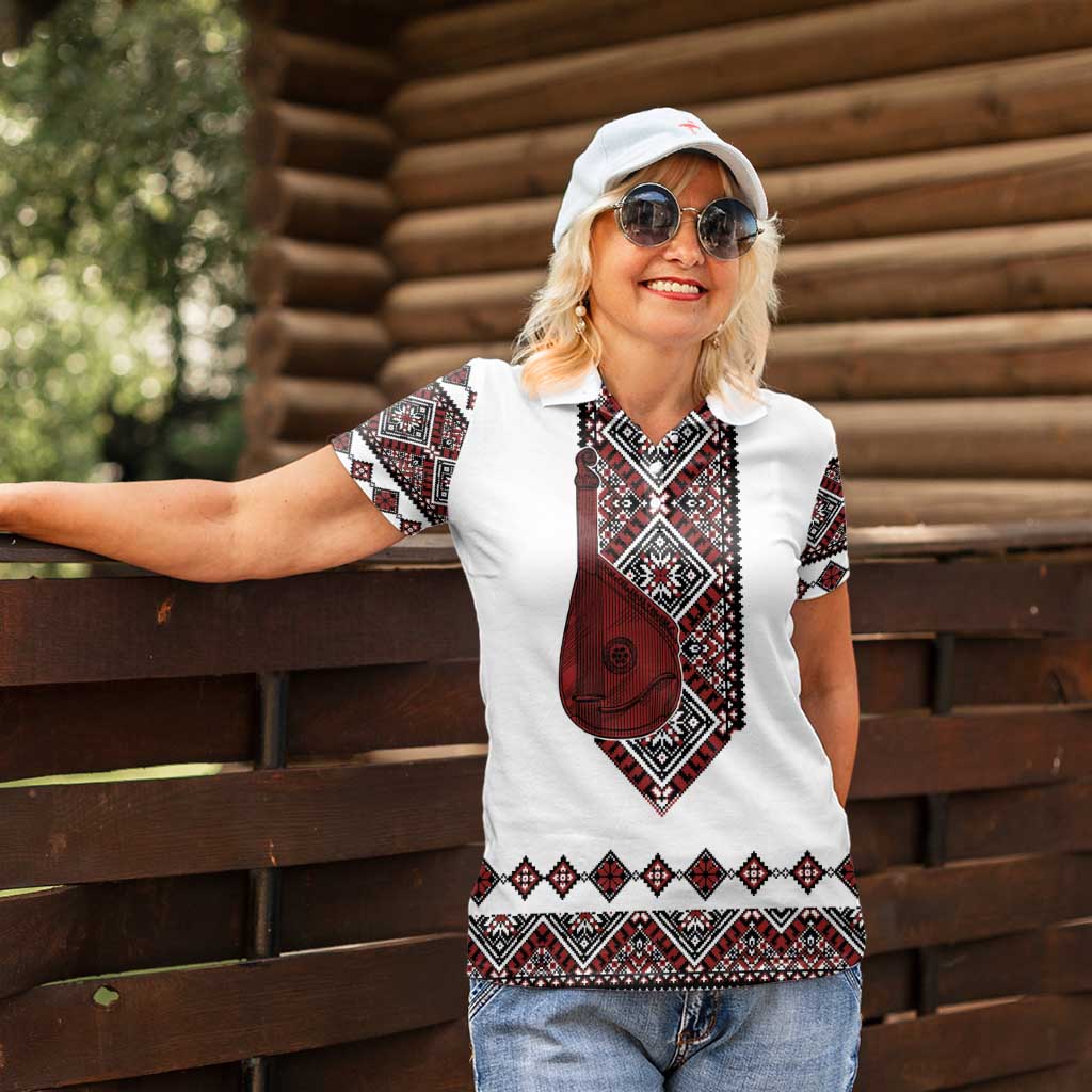 Ukraine Bandura Vyshyvanka Pattern Women Polo Shirt Ukrainian Heritage Folk White Version - Wonder Print Shop