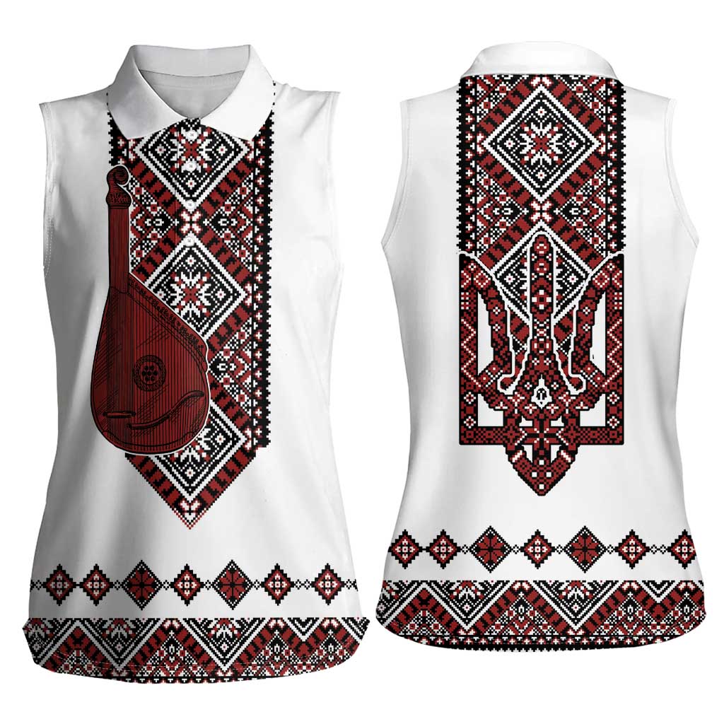 Ukraine Bandura Vyshyvanka Pattern Women Sleeveless Polo Shirt Ukrainian Heritage Folk White Version - Wonder Print Shop