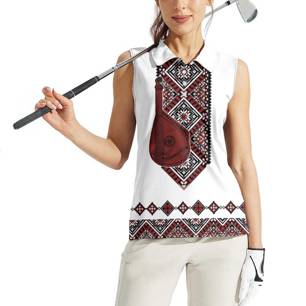 Ukraine Bandura Vyshyvanka Pattern Women Sleeveless Polo Shirt Ukrainian Heritage Folk White Version - Wonder Print Shop