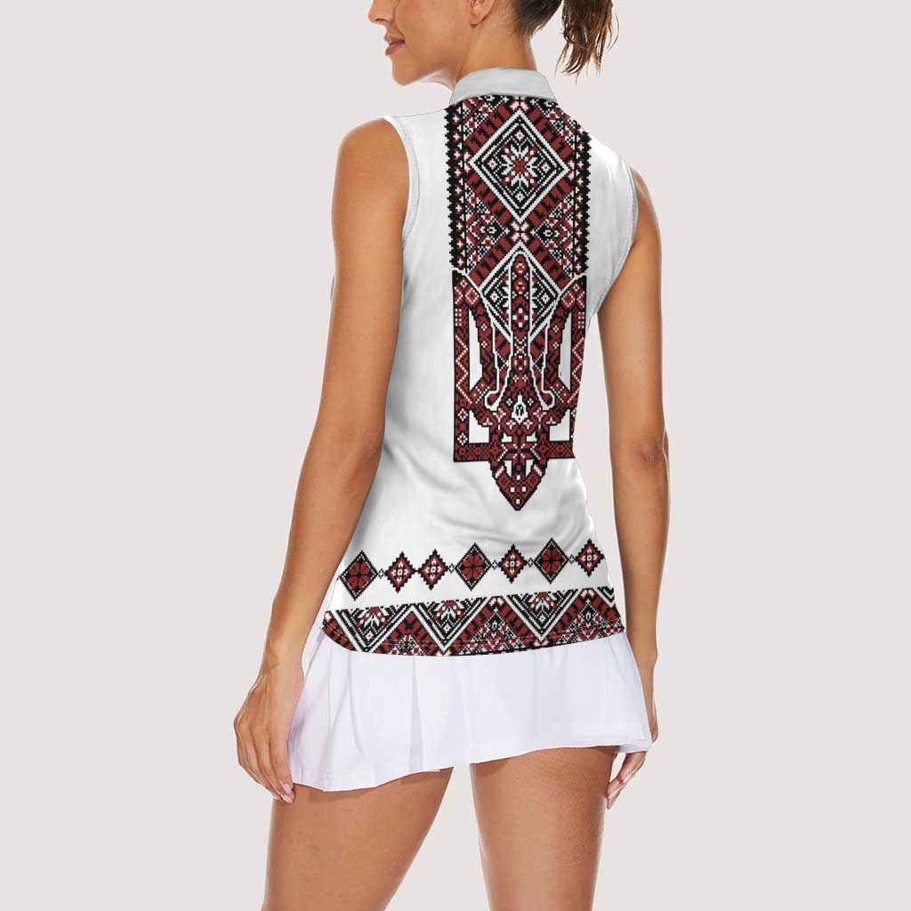 Ukraine Bandura Vyshyvanka Pattern Women Sleeveless Polo Shirt Ukrainian Heritage Folk White Version - Wonder Print Shop