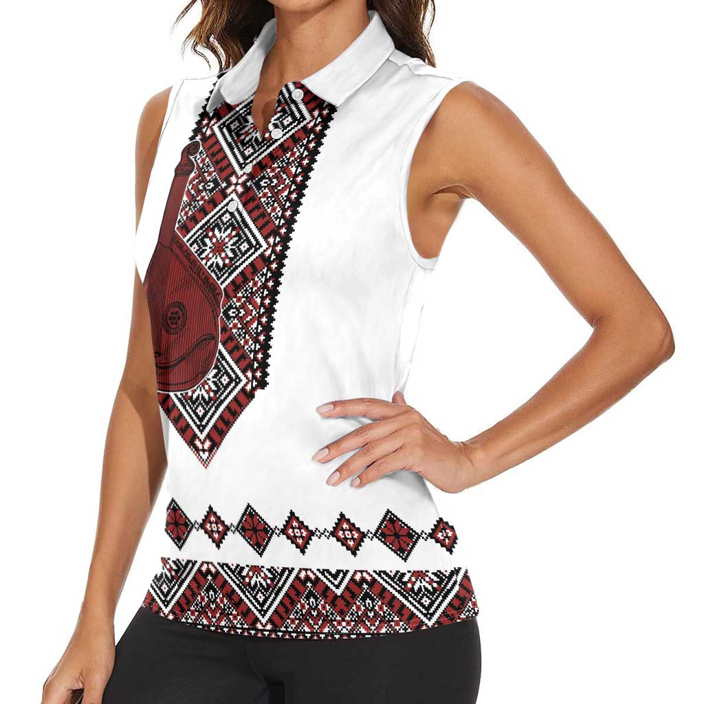 Ukraine Bandura Vyshyvanka Pattern Women Sleeveless Polo Shirt Ukrainian Heritage Folk White Version - Wonder Print Shop