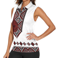Ukraine Bandura Vyshyvanka Pattern Women Sleeveless Polo Shirt Ukrainian Heritage Folk White Version - Wonder Print Shop