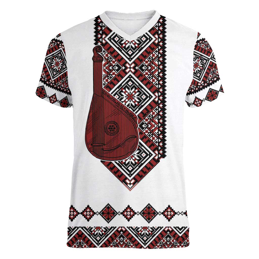 Ukraine Bandura Vyshyvanka Pattern Women V-Neck T-Shirt Ukrainian Heritage Folk White Version - Wonder Print Shop
