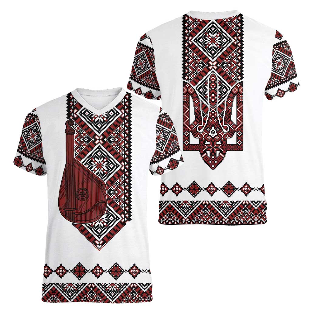 Ukraine Bandura Vyshyvanka Pattern Women V-Neck T-Shirt Ukrainian Heritage Folk White Version - Wonder Print Shop