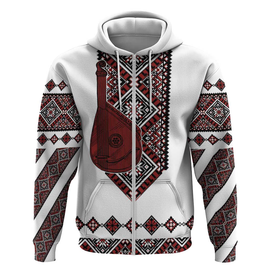Ukraine Bandura Vyshyvanka Pattern Zip Hoodie Ukrainian Heritage Folk White Version - Wonder Print Shop