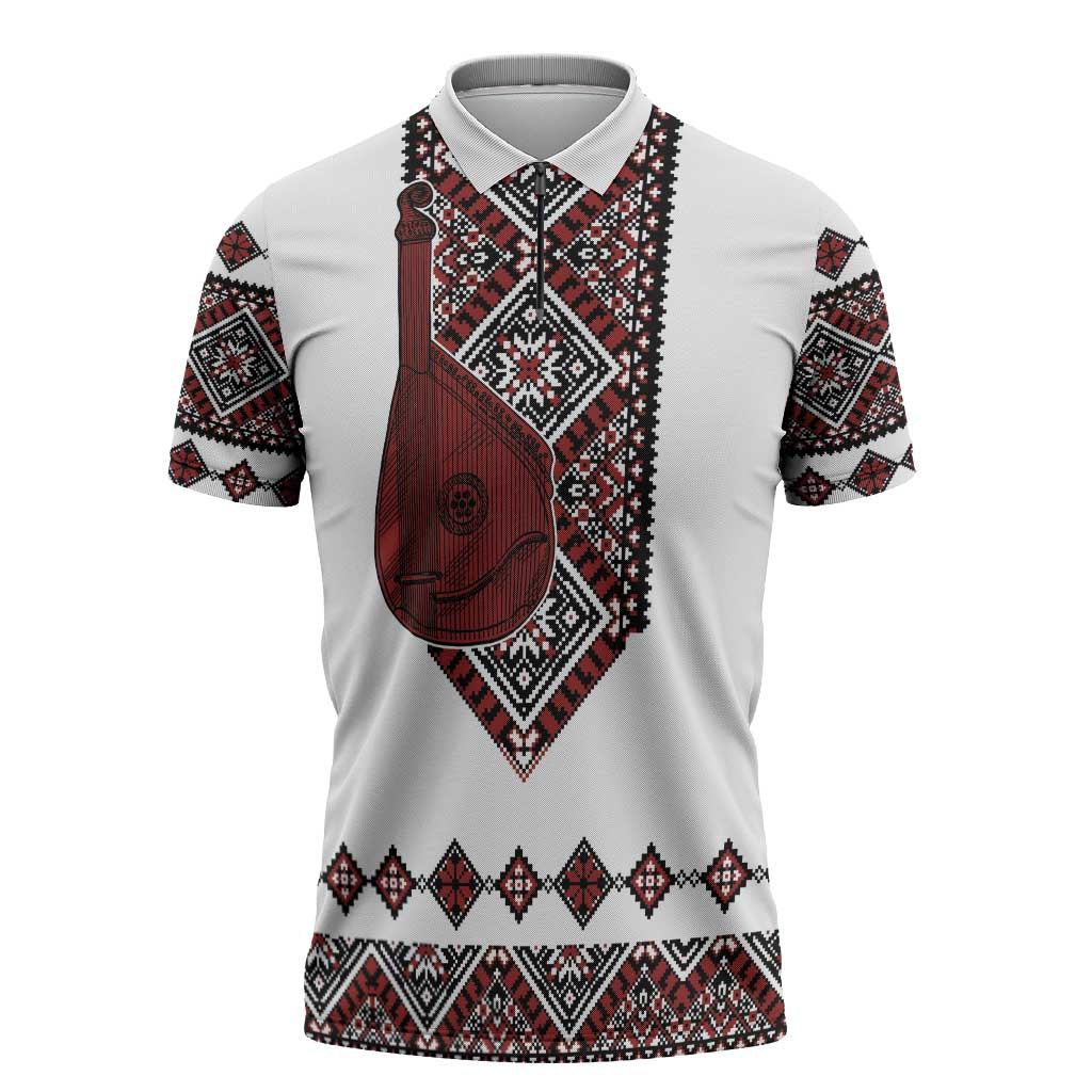 Ukraine Bandura Vyshyvanka Pattern Zipper Polo Shirt Ukrainian Heritage Folk White Version - Wonder Print Shop