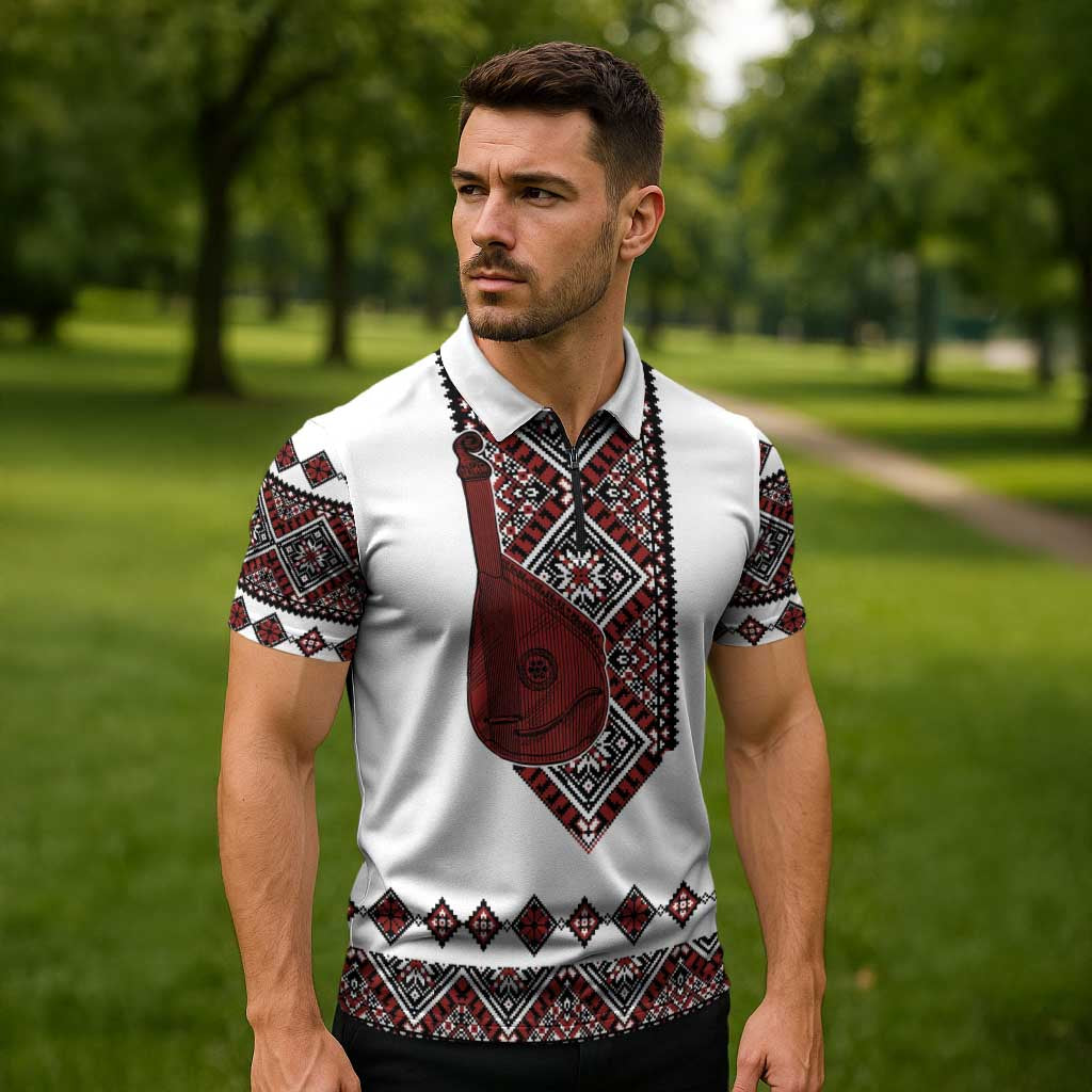 Ukraine Bandura Vyshyvanka Pattern Zipper Polo Shirt Ukrainian Heritage Folk White Version - Wonder Print Shop