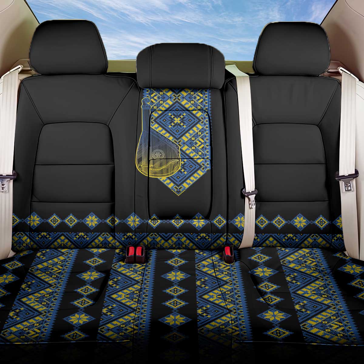 Ukraine Bandura Vyshyvanka Pattern Back Car Seat Cover Ukrainian Heritage Folk Black Version - Wonder Print Shop