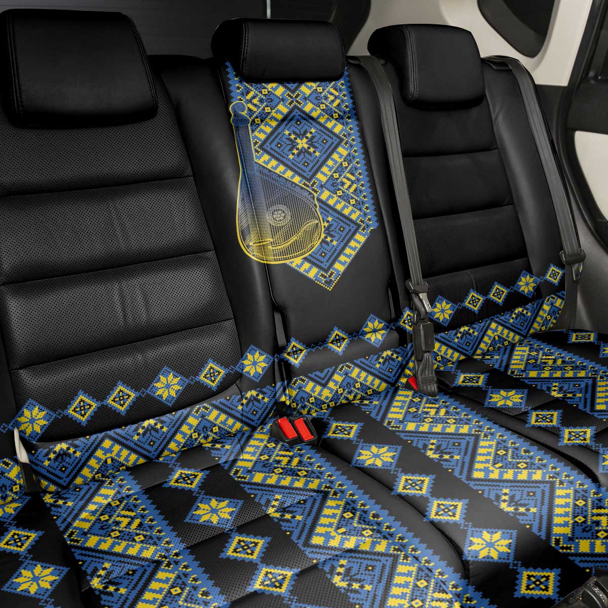 Ukraine Bandura Vyshyvanka Pattern Back Car Seat Cover Ukrainian Heritage Folk Black Version - Wonder Print Shop