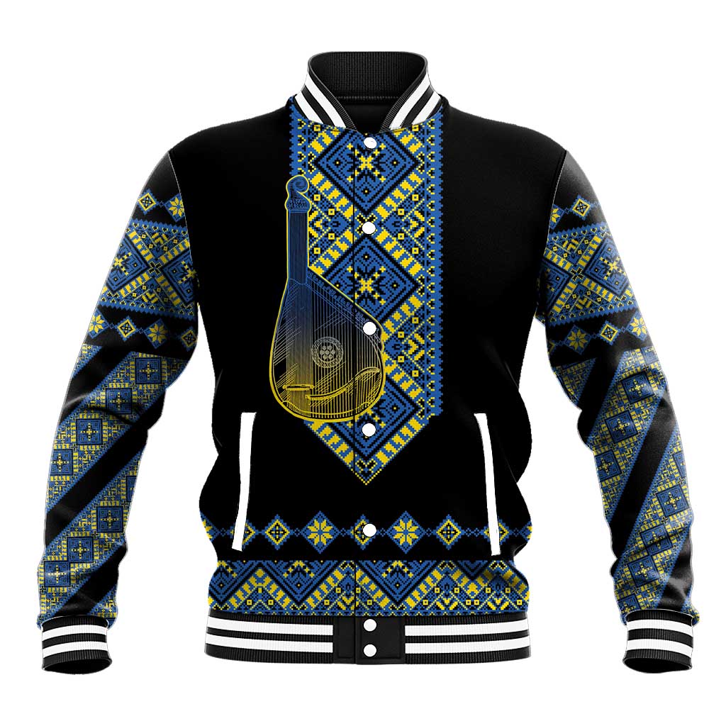 Ukraine Bandura Vyshyvanka Pattern Baseball Jacket Ukrainian Heritage Folk Black Version - Wonder Print Shop