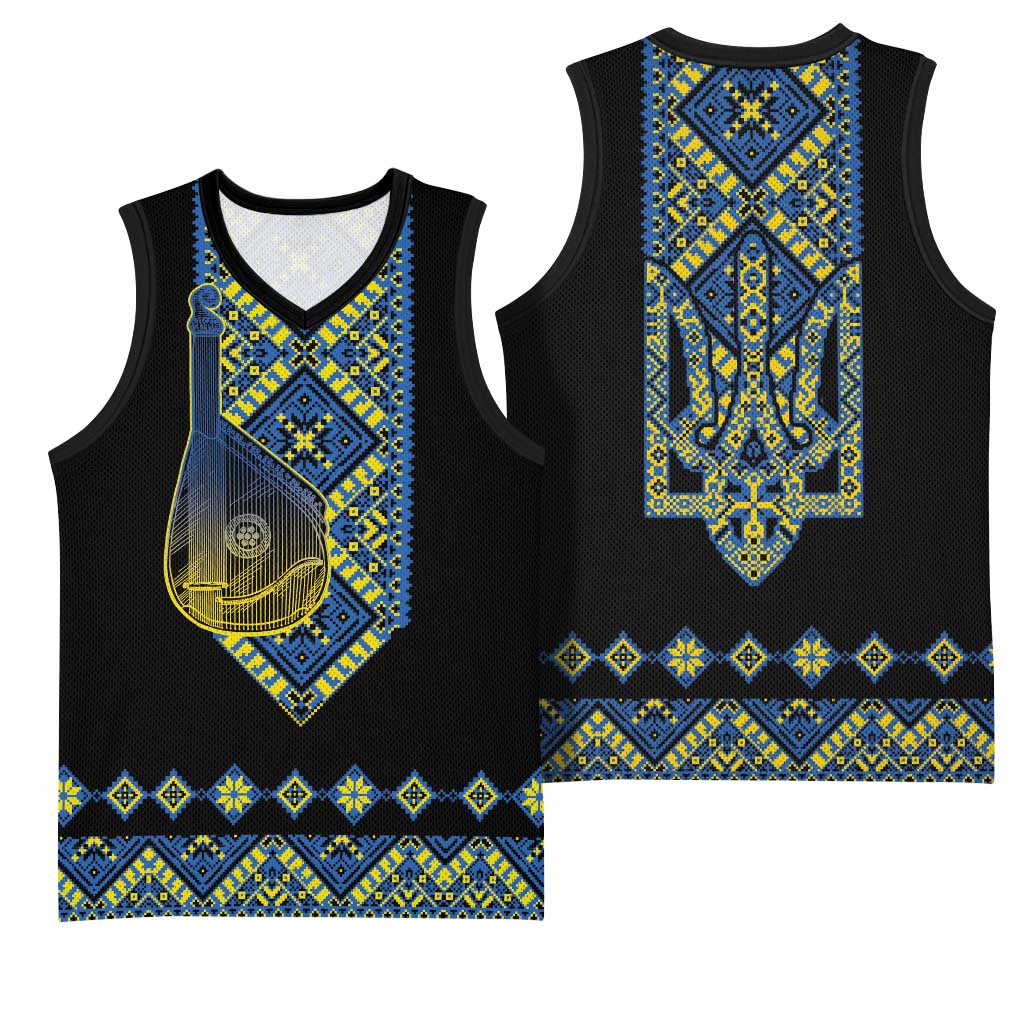 Ukraine Bandura Vyshyvanka Pattern Basketball Jersey Ukrainian Heritage Folk Black Version - Wonder Print Shop