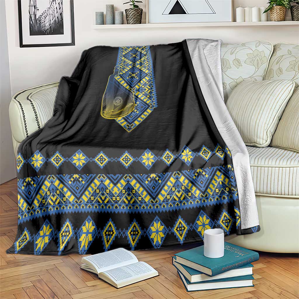 Ukraine Bandura Vyshyvanka Pattern Blanket Ukrainian Heritage Folk Black Version - Wonder Print Shop