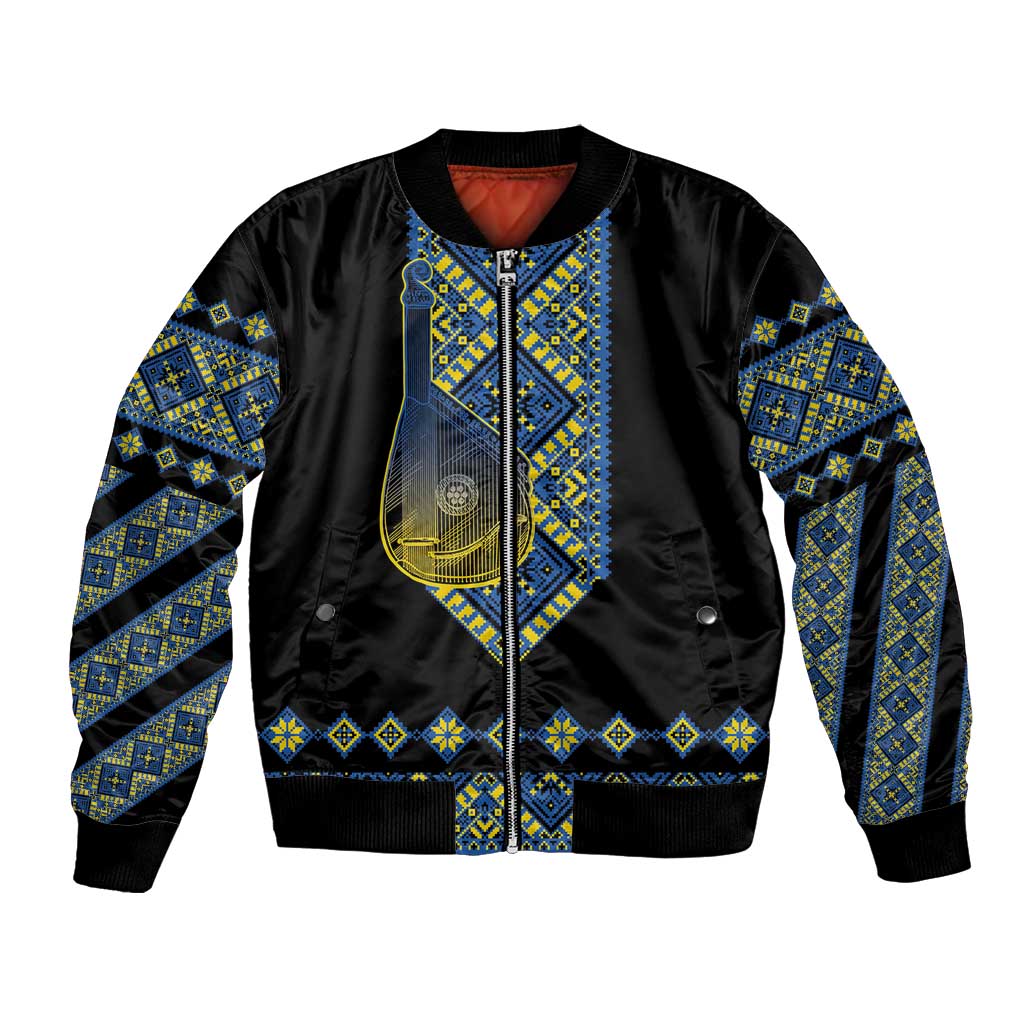 Ukraine Bandura Vyshyvanka Pattern Bomber Jacket Ukrainian Heritage Folk Black Version - Wonder Print Shop