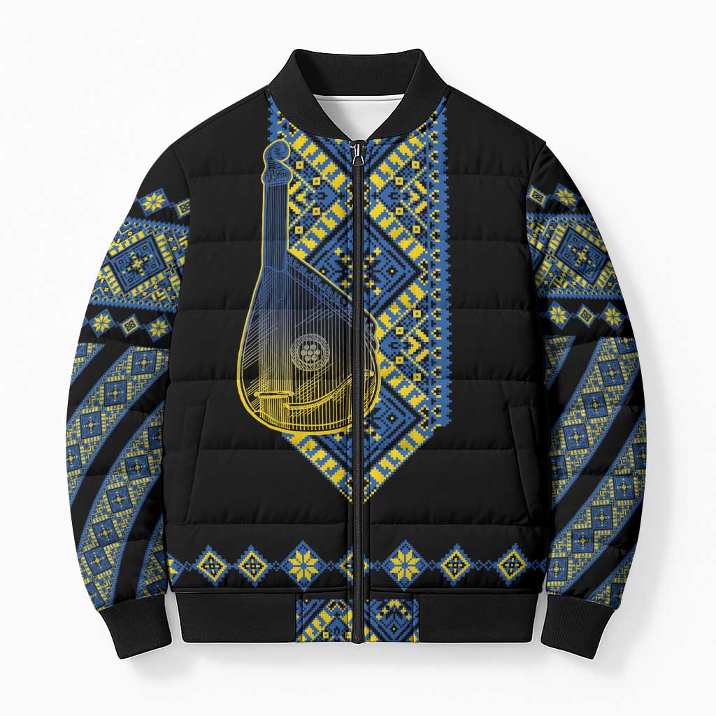 Ukraine Bandura Vyshyvanka Pattern Bomber Puffer Jacket Ukrainian Heritage Folk Black Version - Wonder Print Shop