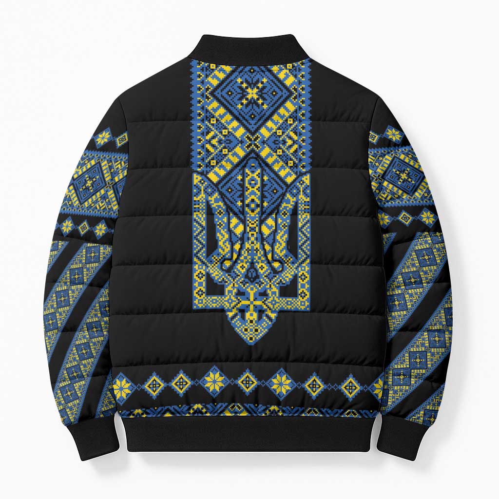 Ukraine Bandura Vyshyvanka Pattern Bomber Puffer Jacket Ukrainian Heritage Folk Black Version - Wonder Print Shop