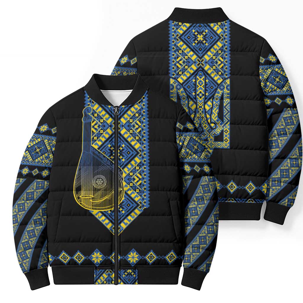 Ukraine Bandura Vyshyvanka Pattern Bomber Puffer Jacket Ukrainian Heritage Folk Black Version - Wonder Print Shop