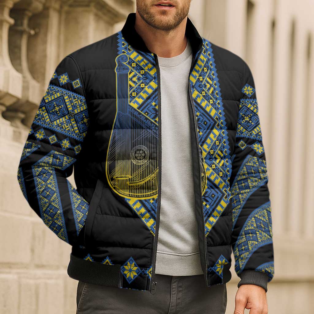 Ukraine Bandura Vyshyvanka Pattern Bomber Puffer Jacket Ukrainian Heritage Folk Black Version - Wonder Print Shop