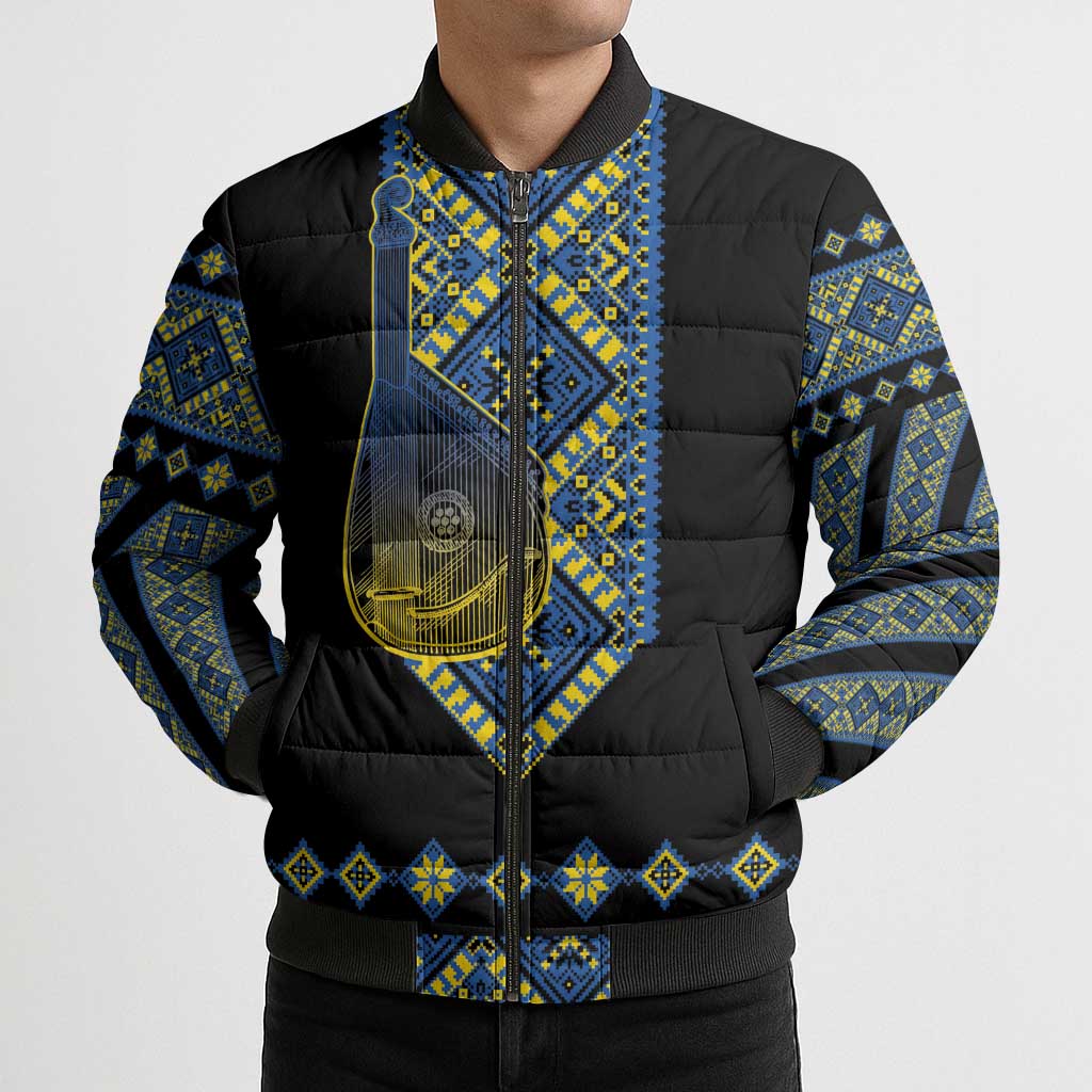 Ukraine Bandura Vyshyvanka Pattern Bomber Puffer Jacket Ukrainian Heritage Folk Black Version - Wonder Print Shop