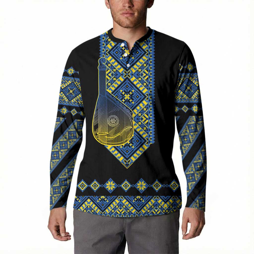 Ukraine Bandura Vyshyvanka Pattern Button Sweatshirt Ukrainian Heritage Folk Black Version - Wonder Print Shop