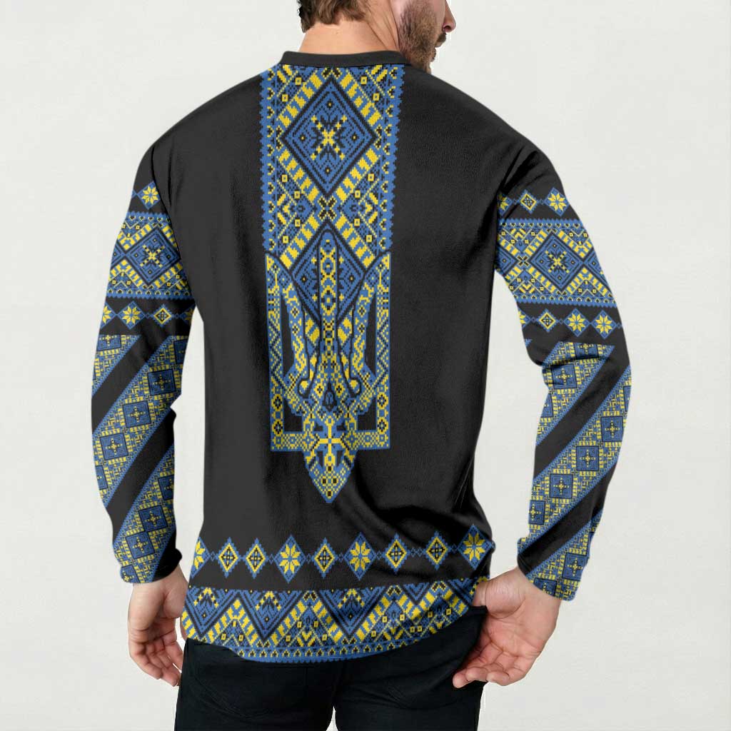 Ukraine Bandura Vyshyvanka Pattern Button Sweatshirt Ukrainian Heritage Folk Black Version - Wonder Print Shop