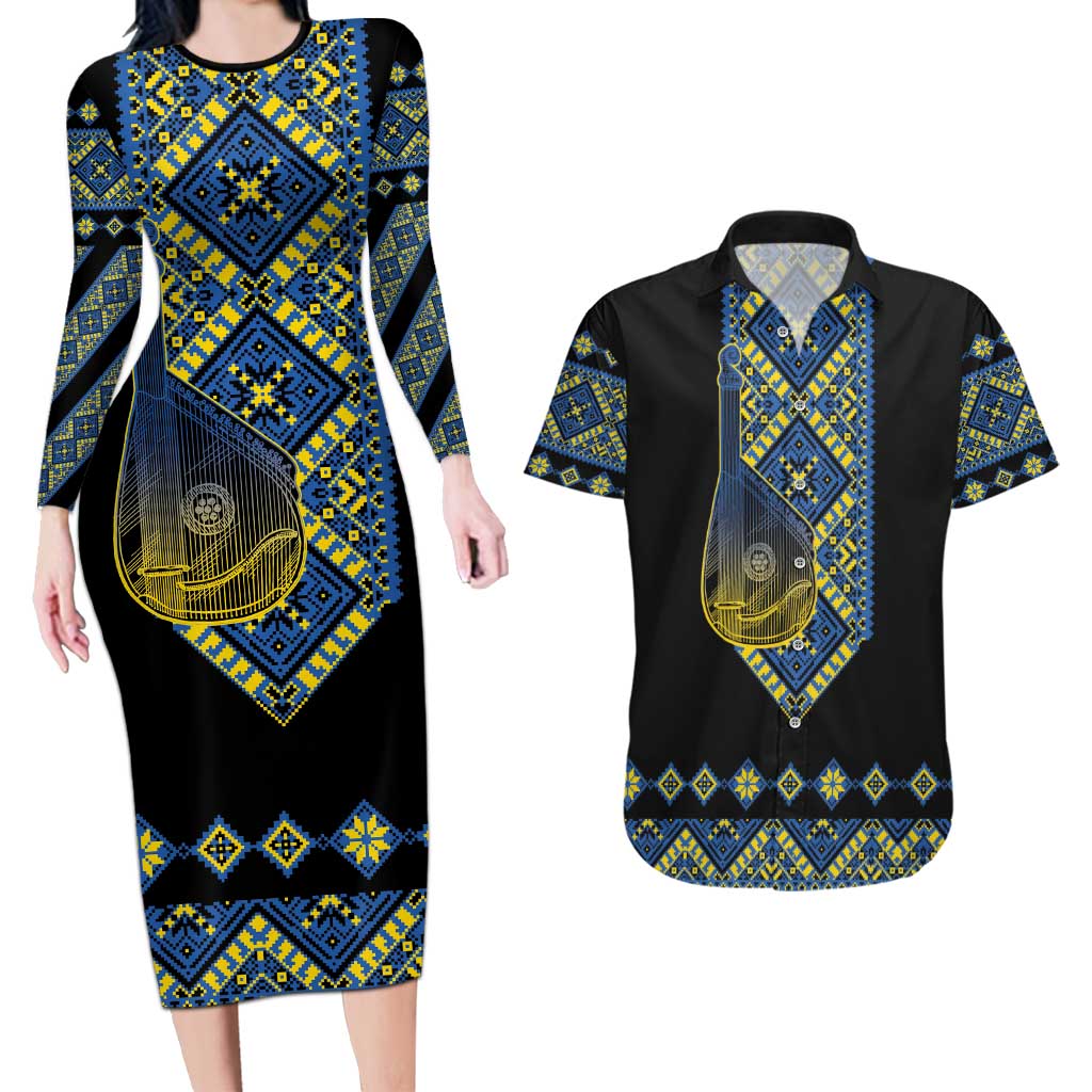 Ukraine Bandura Vyshyvanka Pattern Couples Matching Long Sleeve Bodycon Dress and Hawaiian Shirt Ukrainian Heritage Folk Black Version - Wonder Print Shop