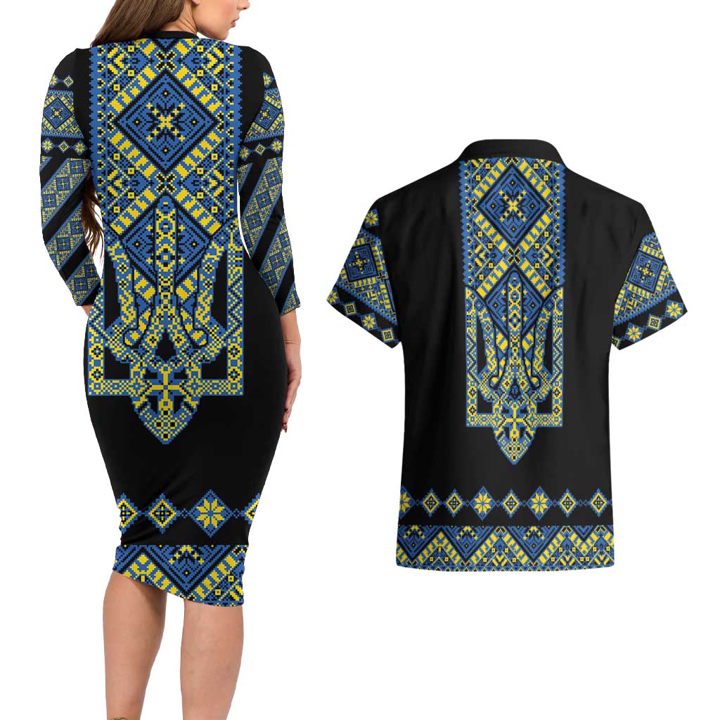 Ukraine Bandura Vyshyvanka Pattern Couples Matching Long Sleeve Bodycon Dress and Hawaiian Shirt Ukrainian Heritage Folk Black Version - Wonder Print Shop