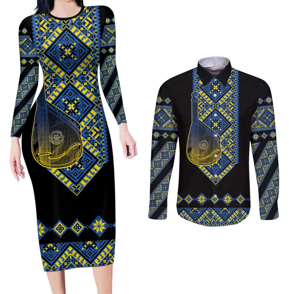 Ukraine Bandura Vyshyvanka Pattern Couples Matching Long Sleeve Bodycon Dress and Long Sleeve Button Shirt Ukrainian Heritage Folk Black Version - Wonder Print Shop