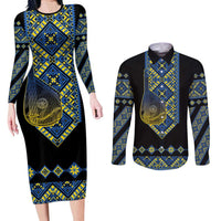 Ukraine Bandura Vyshyvanka Pattern Couples Matching Long Sleeve Bodycon Dress and Long Sleeve Button Shirt Ukrainian Heritage Folk Black Version - Wonder Print Shop