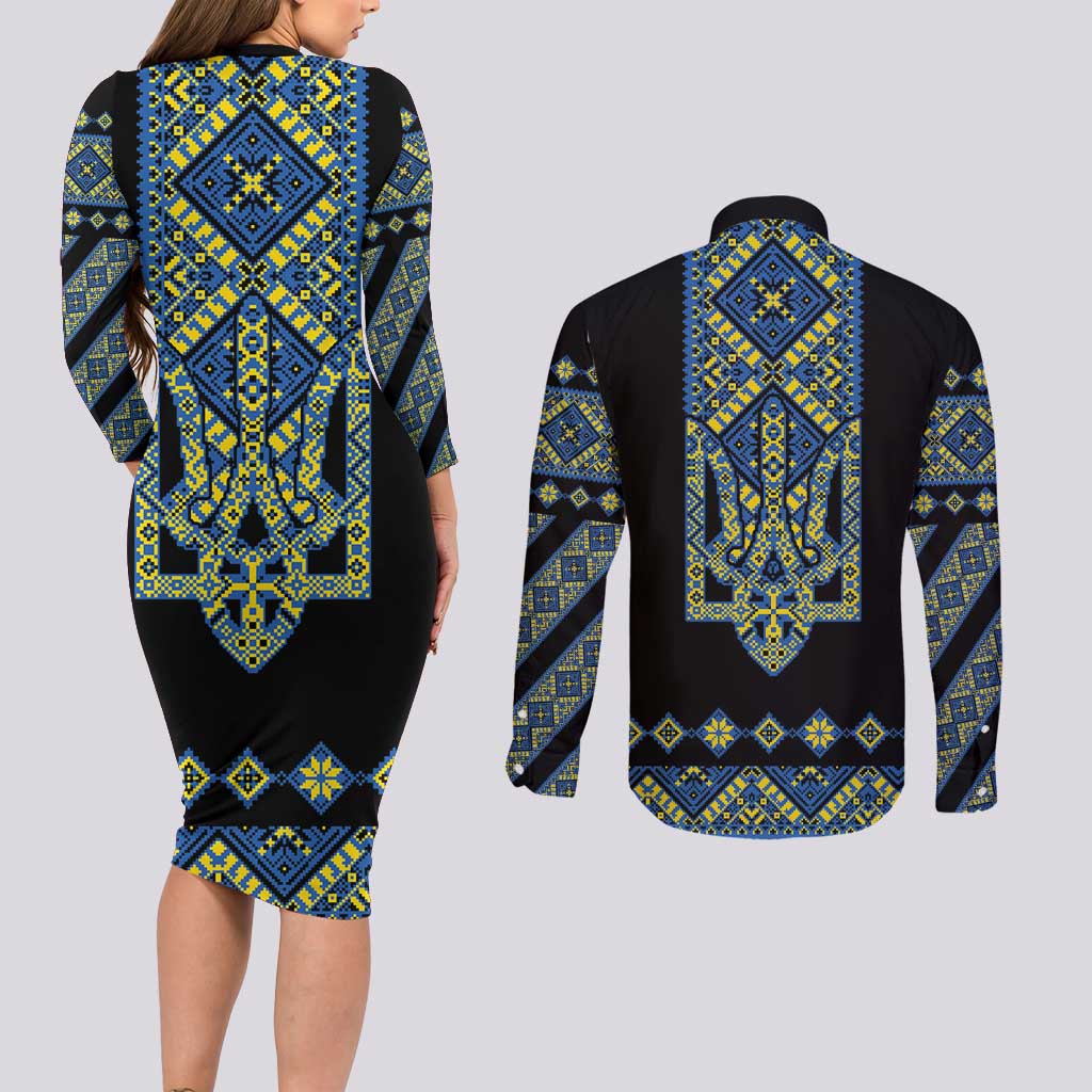 Ukraine Bandura Vyshyvanka Pattern Couples Matching Long Sleeve Bodycon Dress and Long Sleeve Button Shirt Ukrainian Heritage Folk Black Version - Wonder Print Shop