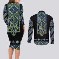 Ukraine Bandura Vyshyvanka Pattern Couples Matching Long Sleeve Bodycon Dress and Long Sleeve Button Shirt Ukrainian Heritage Folk Black Version - Wonder Print Shop