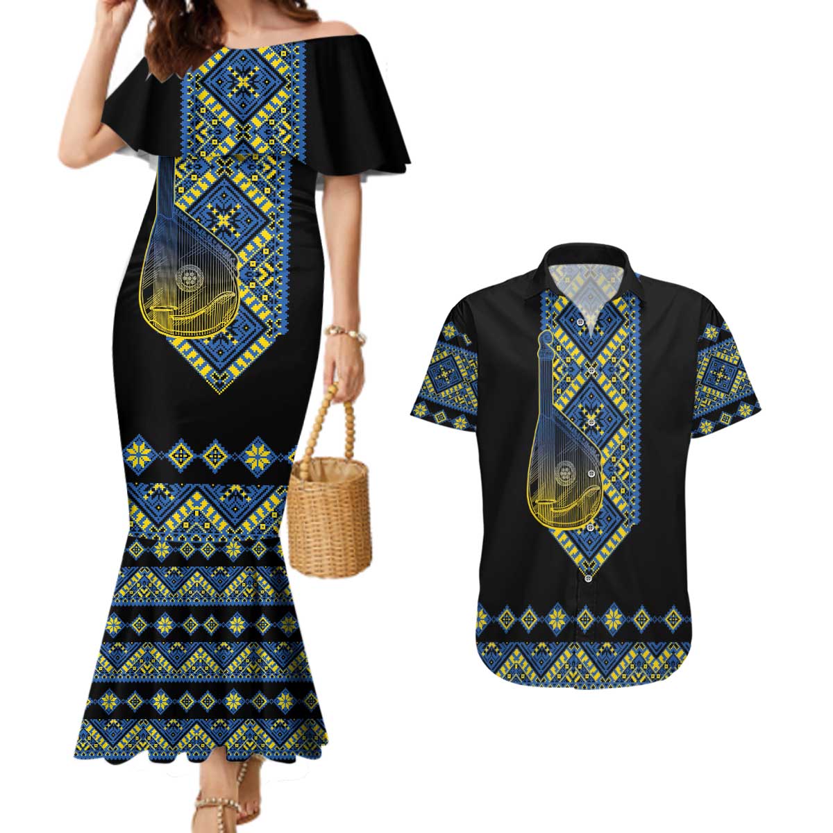 Ukraine Bandura Vyshyvanka Pattern Couples Matching Mermaid Dress and Hawaiian Shirt Ukrainian Heritage Folk Black Version - Wonder Print Shop