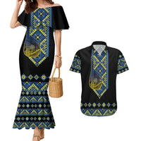 Ukraine Bandura Vyshyvanka Pattern Couples Matching Mermaid Dress and Hawaiian Shirt Ukrainian Heritage Folk Black Version - Wonder Print Shop