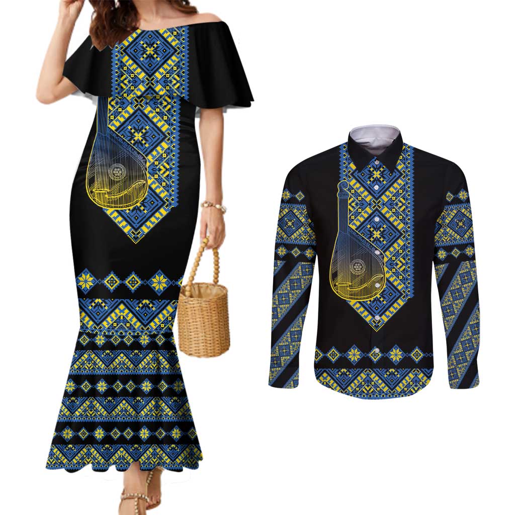 Ukraine Bandura Vyshyvanka Pattern Couples Matching Mermaid Dress and Long Sleeve Button Shirt Ukrainian Heritage Folk Black Version - Wonder Print Shop