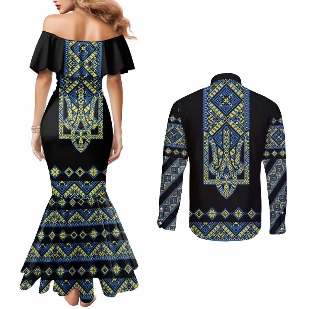 Ukraine Bandura Vyshyvanka Pattern Couples Matching Mermaid Dress and Long Sleeve Button Shirt Ukrainian Heritage Folk Black Version - Wonder Print Shop