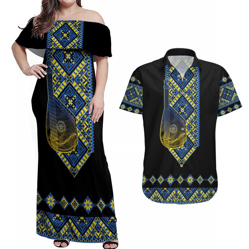 Ukraine Bandura Vyshyvanka Pattern Couples Matching Off Shoulder Maxi Dress and Hawaiian Shirt Ukrainian Heritage Folk Black Version - Wonder Print Shop