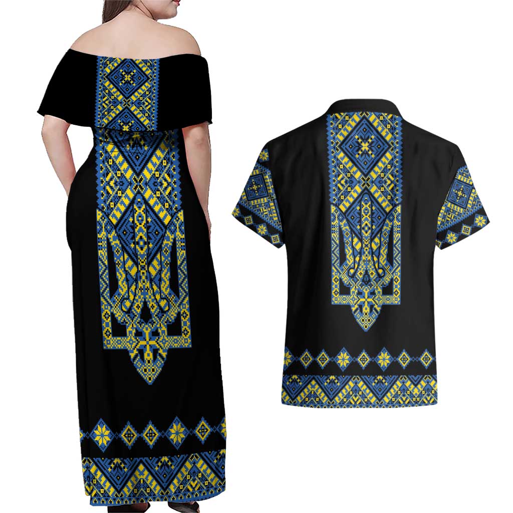 Ukraine Bandura Vyshyvanka Pattern Couples Matching Off Shoulder Maxi Dress and Hawaiian Shirt Ukrainian Heritage Folk Black Version - Wonder Print Shop