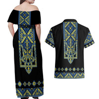 Ukraine Bandura Vyshyvanka Pattern Couples Matching Off Shoulder Maxi Dress and Hawaiian Shirt Ukrainian Heritage Folk Black Version - Wonder Print Shop