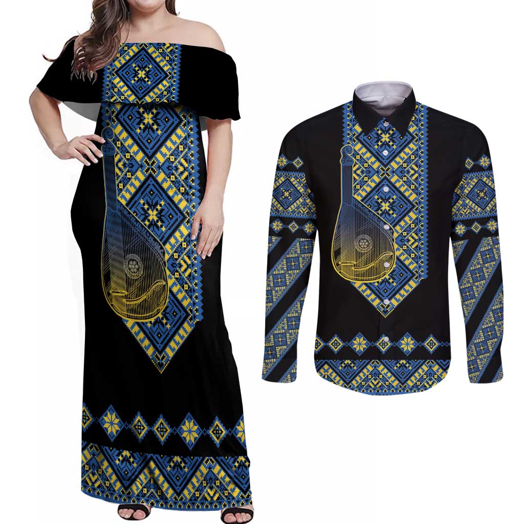 Ukraine Bandura Vyshyvanka Pattern Couples Matching Off Shoulder Maxi Dress and Long Sleeve Button Shirt Ukrainian Heritage Folk Black Version - Wonder Print Shop