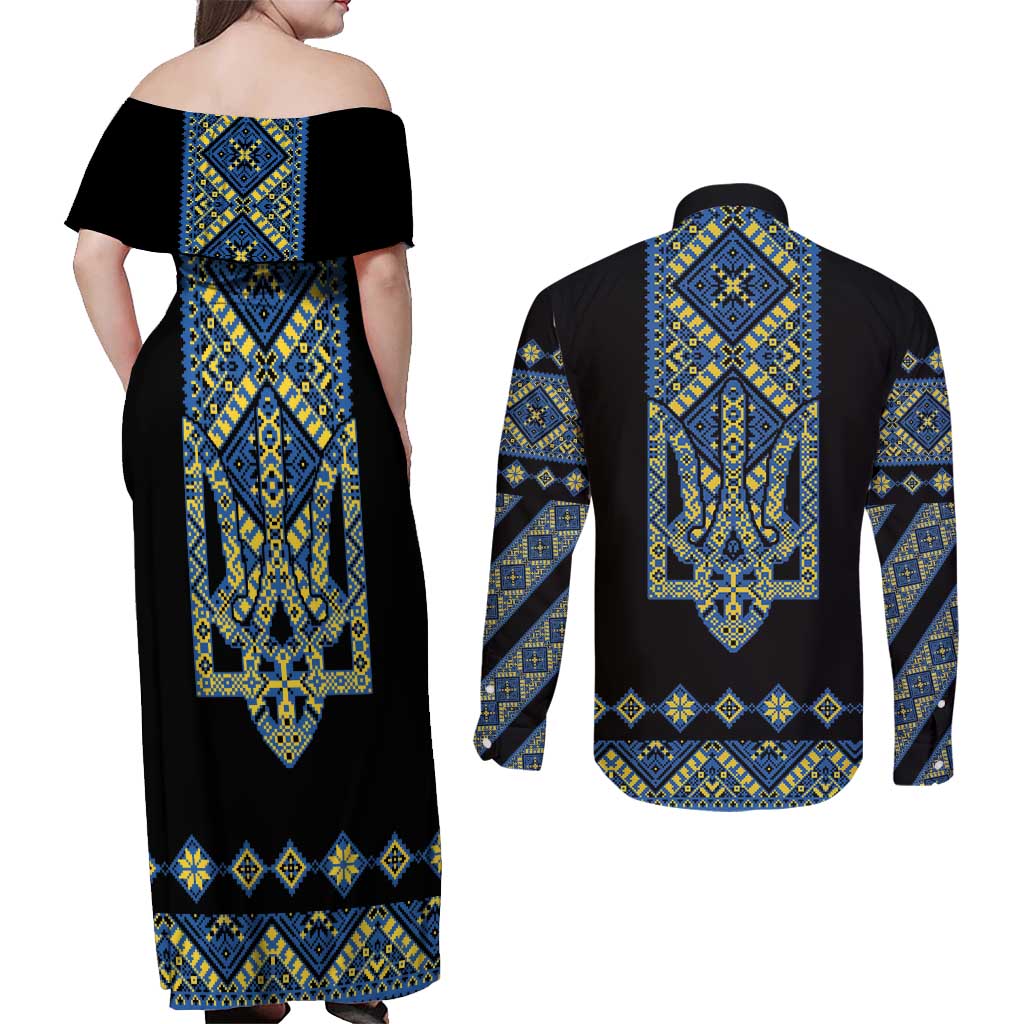 Ukraine Bandura Vyshyvanka Pattern Couples Matching Off Shoulder Maxi Dress and Long Sleeve Button Shirt Ukrainian Heritage Folk Black Version - Wonder Print Shop