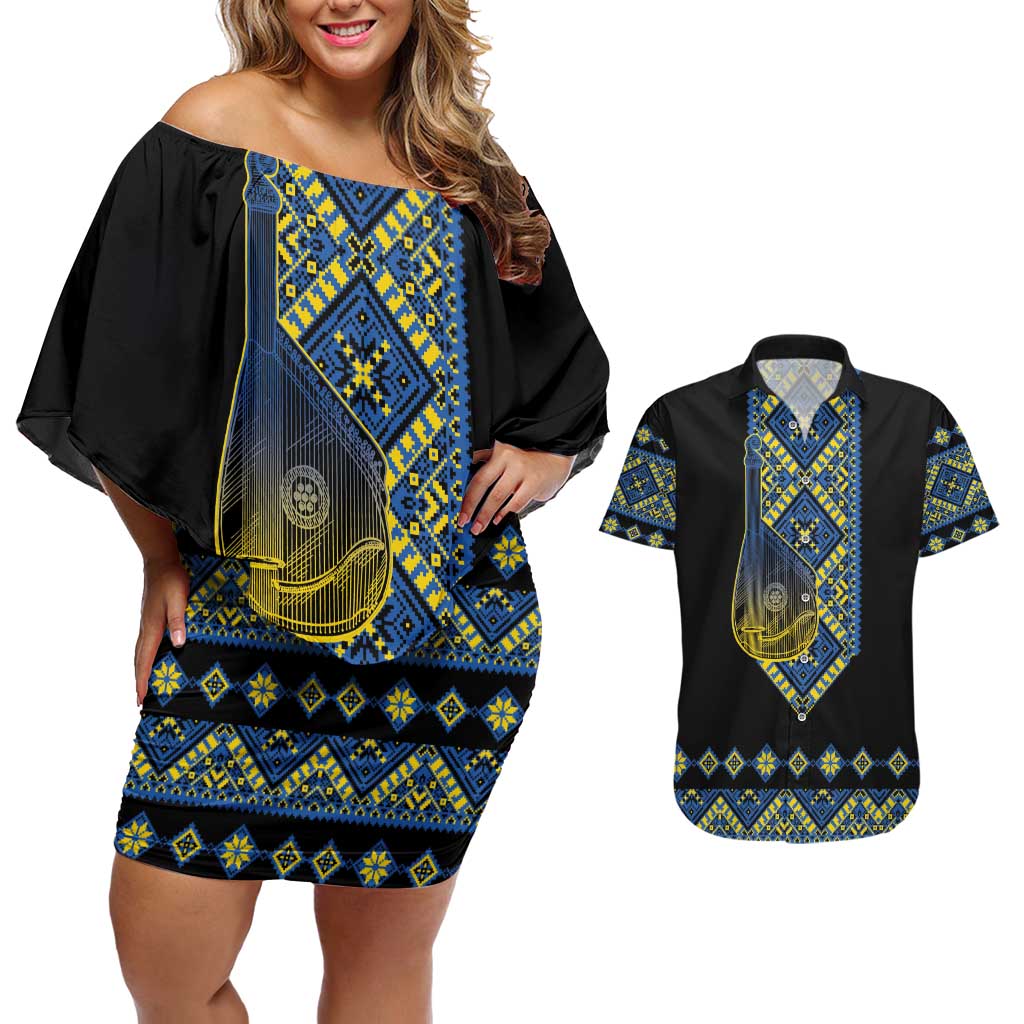 Ukraine Bandura Vyshyvanka Pattern Couples Matching Off Shoulder Short Dress and Hawaiian Shirt Ukrainian Heritage Folk Black Version - Wonder Print Shop