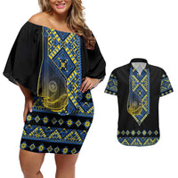 Ukraine Bandura Vyshyvanka Pattern Couples Matching Off Shoulder Short Dress and Hawaiian Shirt Ukrainian Heritage Folk Black Version - Wonder Print Shop