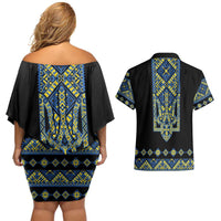 Ukraine Bandura Vyshyvanka Pattern Couples Matching Off Shoulder Short Dress and Hawaiian Shirt Ukrainian Heritage Folk Black Version - Wonder Print Shop