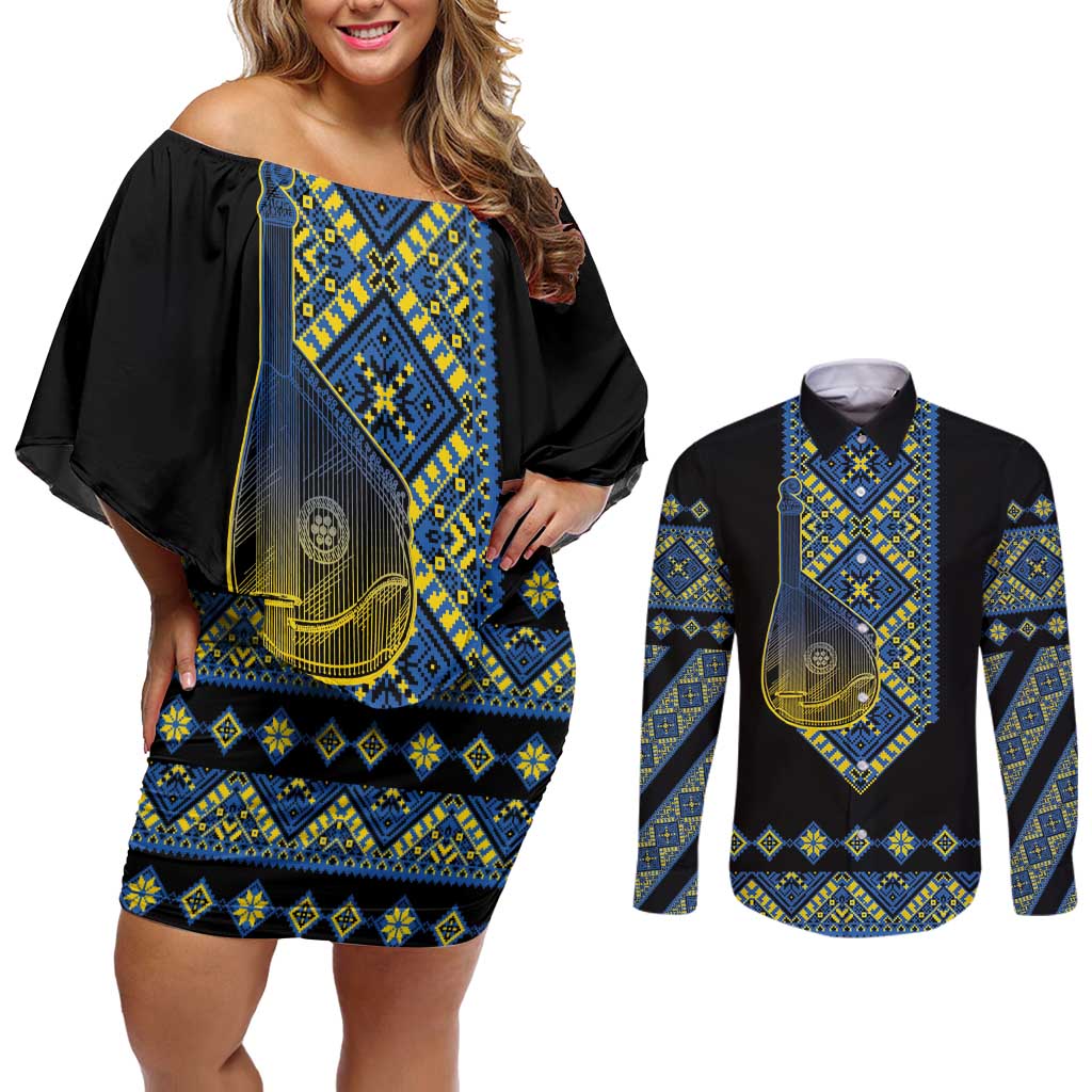 Ukraine Bandura Vyshyvanka Pattern Couples Matching Off Shoulder Short Dress and Long Sleeve Button Shirt Ukrainian Heritage Folk Black Version - Wonder Print Shop